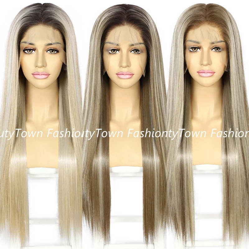 Summer 30\'\' 13x6 Bone Straight Synthetic Woman Wigs HD Transparent Lace Wig Prepluck Daily Wear Futura Heat Resistant Fiber Made