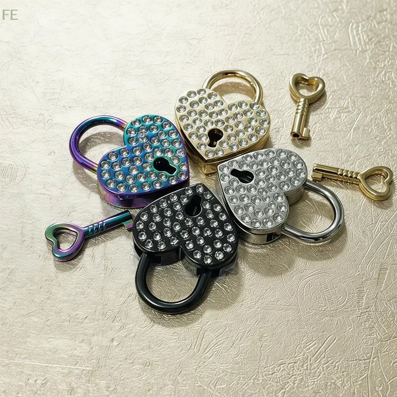 [F] 1 PCS For Jewelry Box Small Wooden Box Metal Love Wish Lock Keyed Padlocks Diamond Heart Shaped Lock