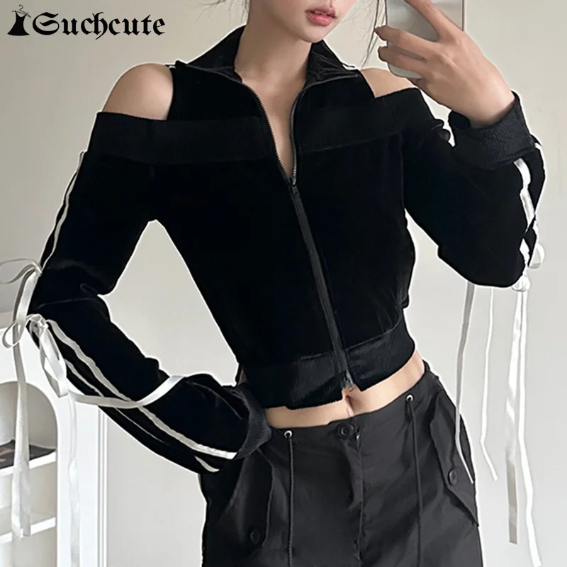 SUCHCUTE Stripe Off Shoulder Zip Up Bow Lace Up Hoodies Stand Collar Y2K Cropped Sweatshirt Fashion Causal Cardigan Kpop Clothes