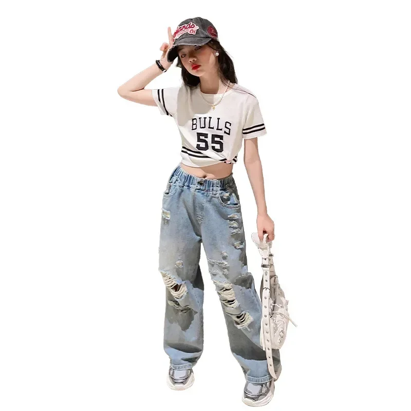 Girls' Summer Jeans  New Casual Western Style Children's Summer Clothing Medium and Big Children Ripped Wide-Leg Pants Wholesale