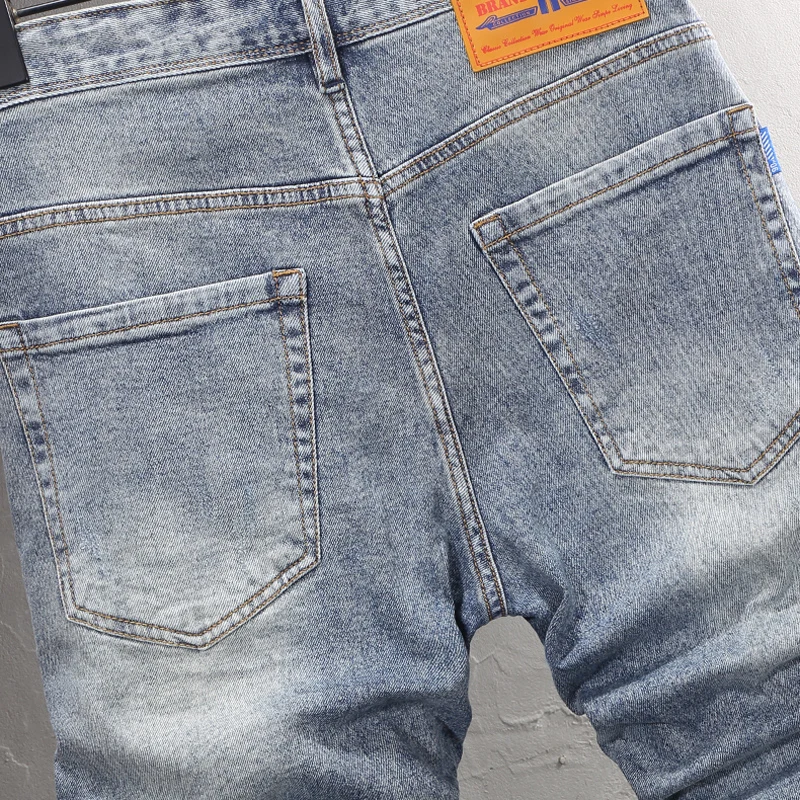 Summer Trendy Fashion Men Jeans Retro Washed Blue Elastic Ripped Short Jeans Homme Vintage Designer Casual Denim Shorts Men