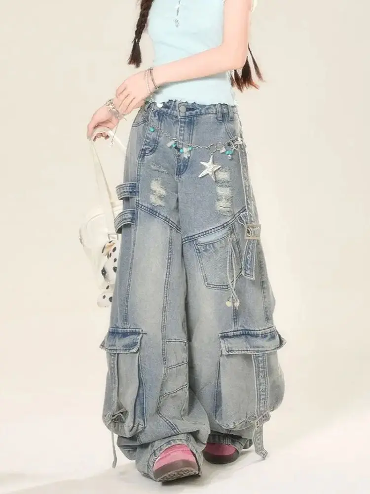 جينز نسائي مطرز بنجمة زرقاء فضفاض Y2K هاي ستريت هاراجوكو موضة عالية الخصر واسعة الساق سروال جينز ريترو ملابس 2025 #5