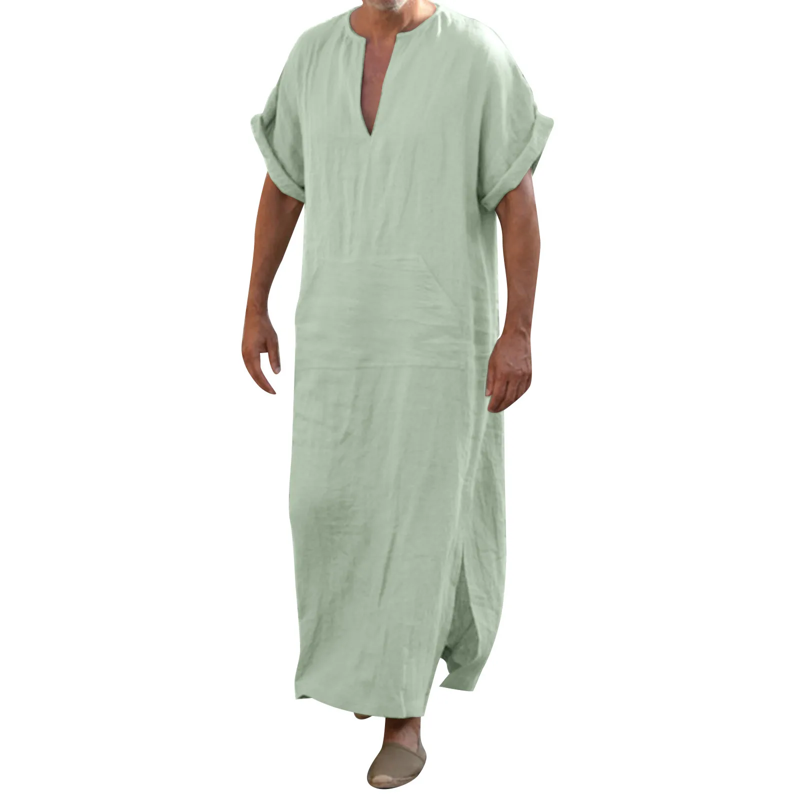 Plus Size Men Solid Color Muslim Robe Retro Arab Islamic Long Dress Casual Cotton Linen Long Kaftan Middle East Islamic Clothing