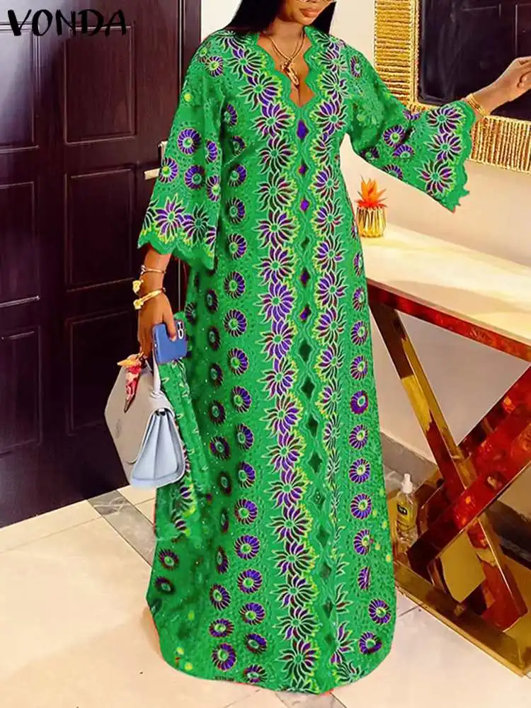 Plus Size 5XL VONDA Bohemian Long Maxi Dress Summer Printed Party Dress Women Vintage Sundress scollo a V 3/4 Sleeve Casual Vestidos