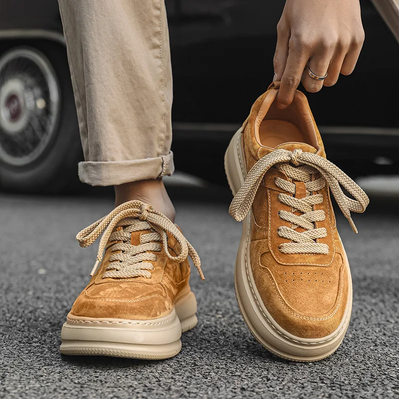 Fashion Trendy Round Head Men's Casual Board Shoes Small Leather British Commuter Suede Single German Training Casual Lace-up