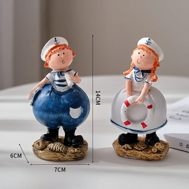 Niedliche Harz-Figuren von Matrosen-Jungen & -Mädchen, Blau-Weiße Marine-Dekoration für Schlafzimmer & Geschenk