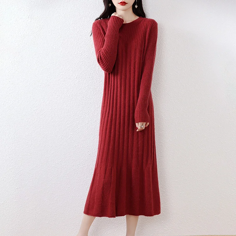 O-neck Women Loose Strip Dresses Longer 100% Wool Knitted Jumpers 2023 New Fashion Winter Female Mid-calf Soft Cashmere Pullover