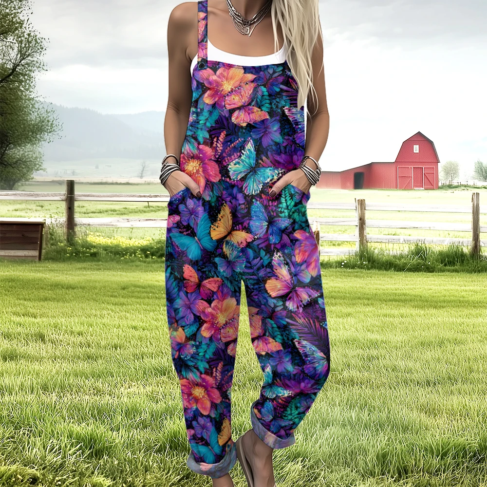 Women's Floral Butterfly Print Overalls Boho Sleeveless Jumpsuit Pockets Purple/Pink Wildflower Dungarees for Summer Festivals