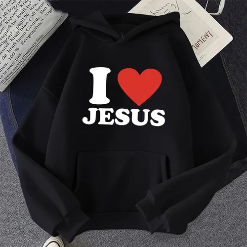 Sudadera con capucha con estampado I Love Jesus para mujer, sudaderas informales simples Vintage a la moda Y2K, jersey de manga larga de lana para otoño e invierno