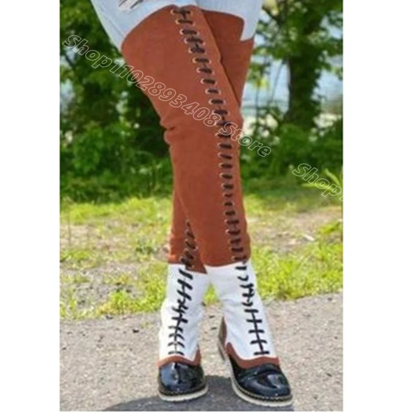 Mixed Patchwork Design Over Knee Boots Lace up British Style New Stylish Design for Women Casual Shoes 2024 Zapatos Para Mujere