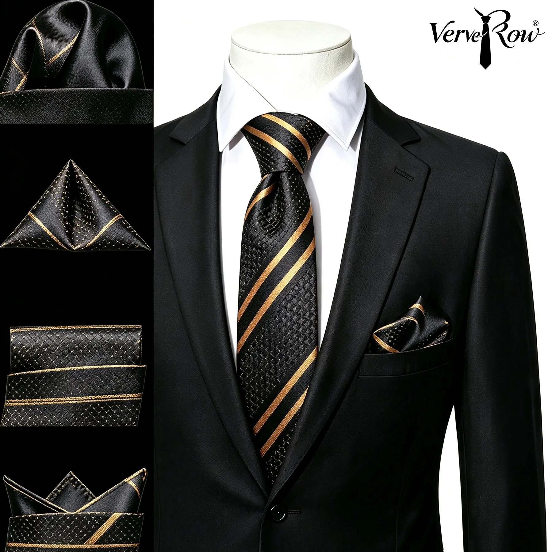 VERVEROW Woven Stripe Pattern Necktie with Matching Pocket Square Men Formal Dress Tie Handkerchief Accessory for Banquet