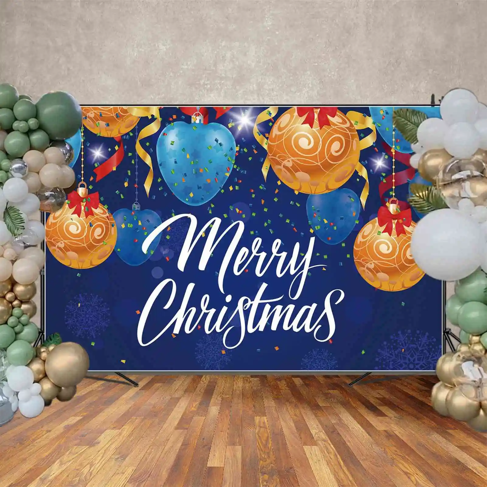 MOON.QG Backdrop Bluey Merry Christmas Party Banner Gold Bell Ball Decoration Background Children's Snowflake Ribbon Photo Booth