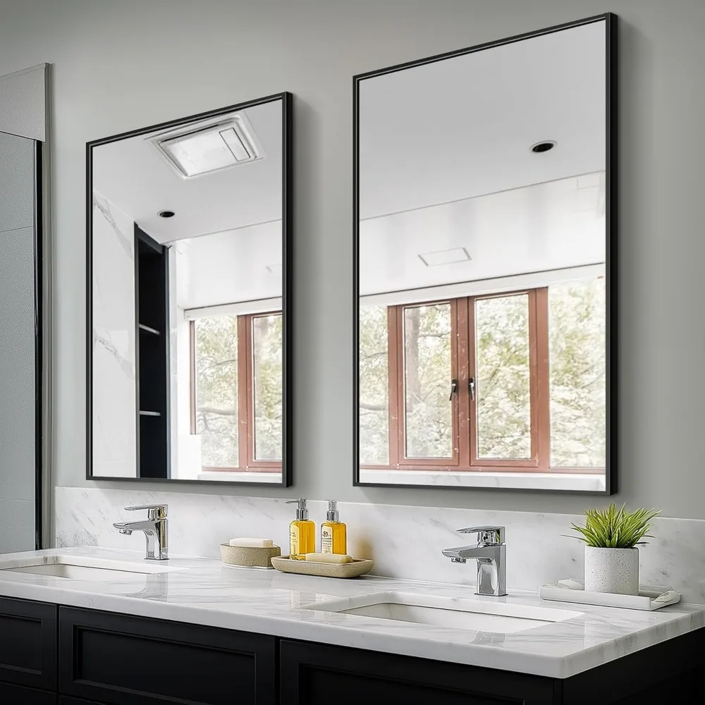 

2-Pack 36x24 Inch Shatterproof Bathroom Mirror with Metal Frame, Hangs Horizontally or Vertically in Black