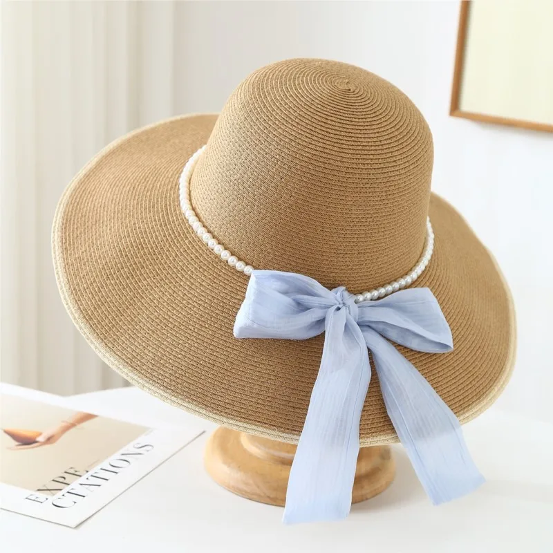 New pearl chain ribbon fisherman's hat elegant and versatile for women sunshade basin vacation trend