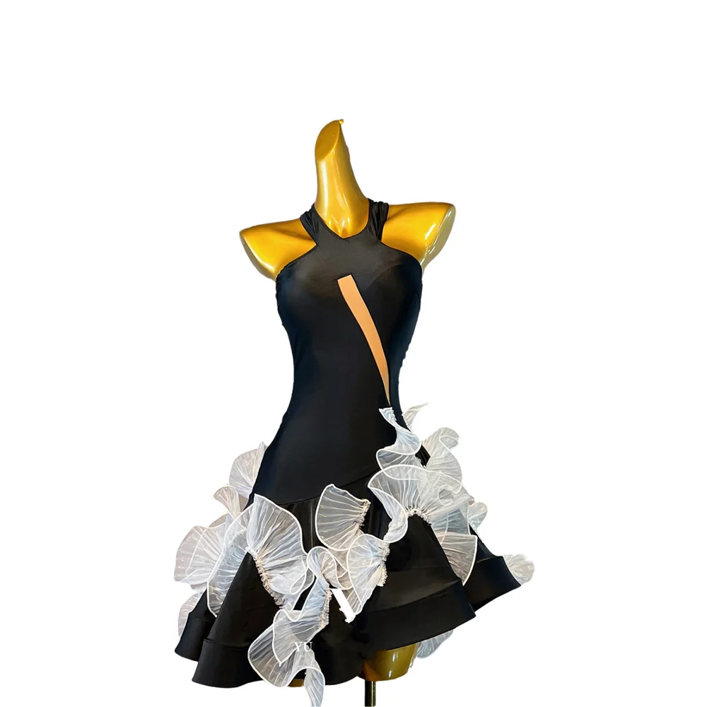 Latin Dancer Adult Children High-End Customized Black And White Contrasting Samba AB Diamond Performance Dress