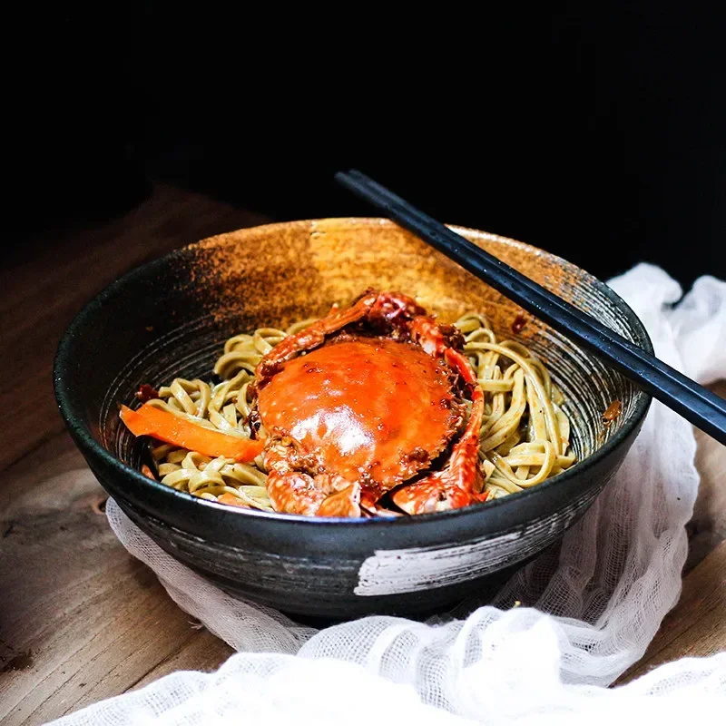 Mangkuk Ramen besar 7.5 inci gaya Jepang, mangkuk sup keramik mangkuk sup peralatan makan Retro mangkuk terompet keramik