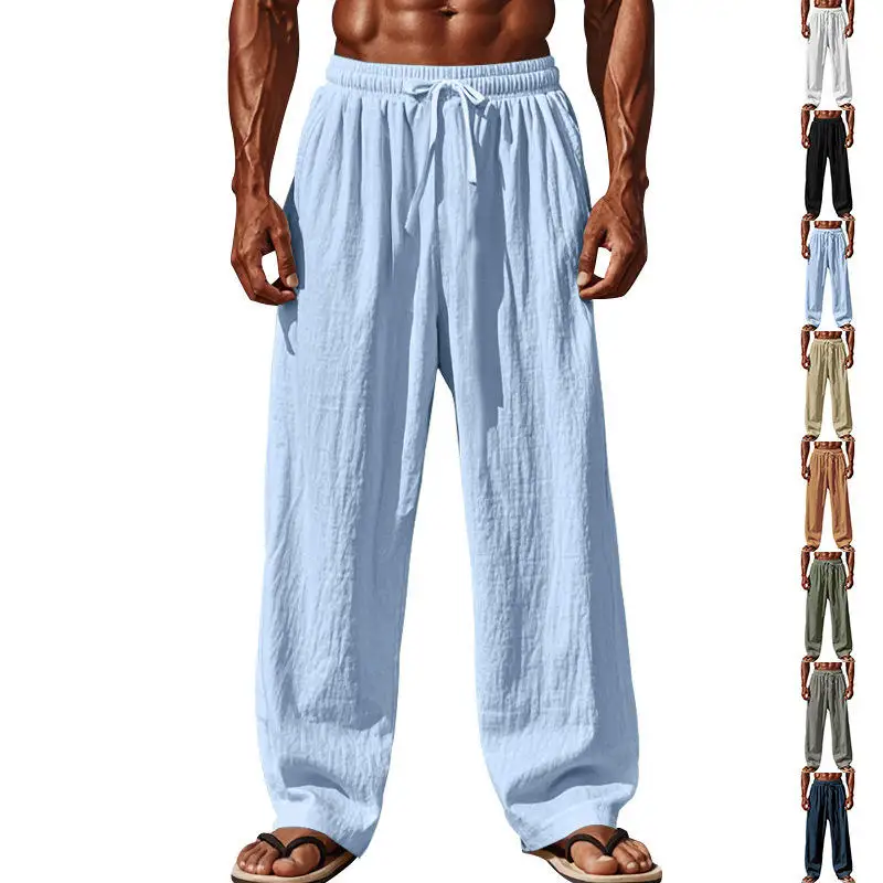 Loose Fit Casual Trousers for Men in Pure Color Cotton Linen Straight Leg Cross-Border Large Size Belted Long Pants