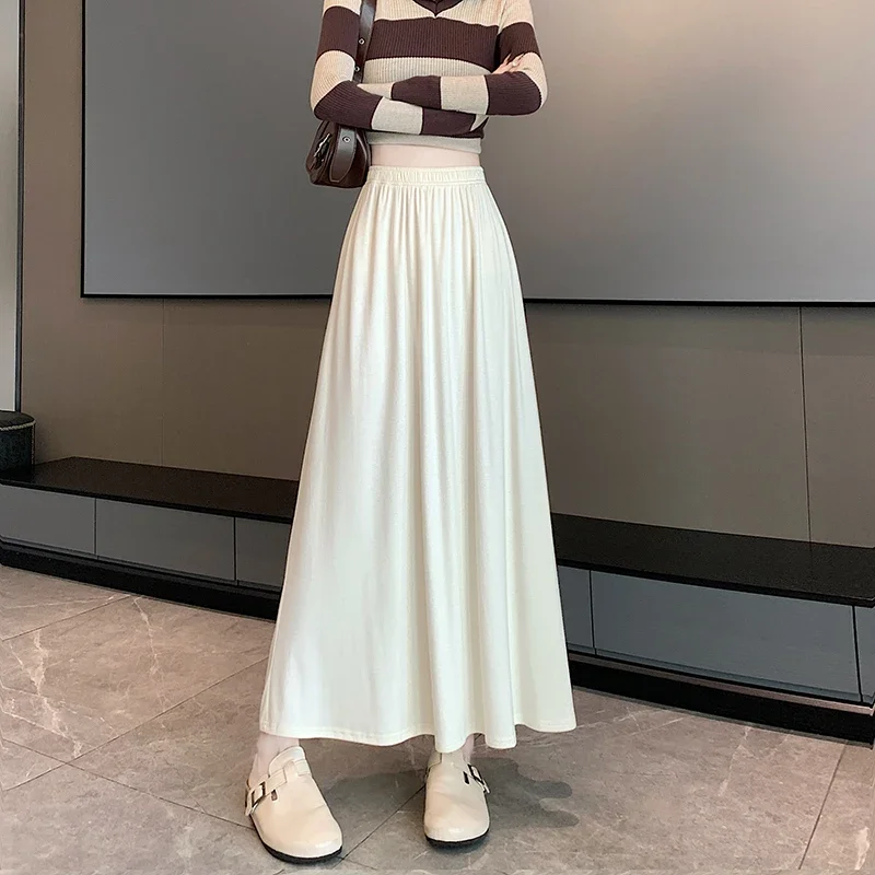 New Cotton Skirt Korean Style High Waist Slim A-line Long Maxi Skirt Casual Streetwear 2024 Autumn Winter