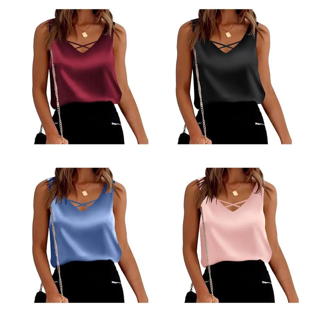 Summer Silk Camis Women's T Shirts Sleeveless Satin Vest Tank Tops Office Elegant Fashion V Neck Soild Color BlouseTops Women