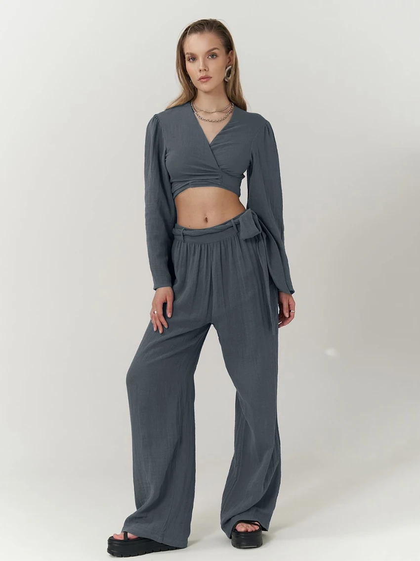 

Marthaqiqi Cotton Women Nightwear Set V-Neck Pajamas Long Sleeve Nightie Crop Top Nightgowns Pants Causal Ladies Sleepwear Suit