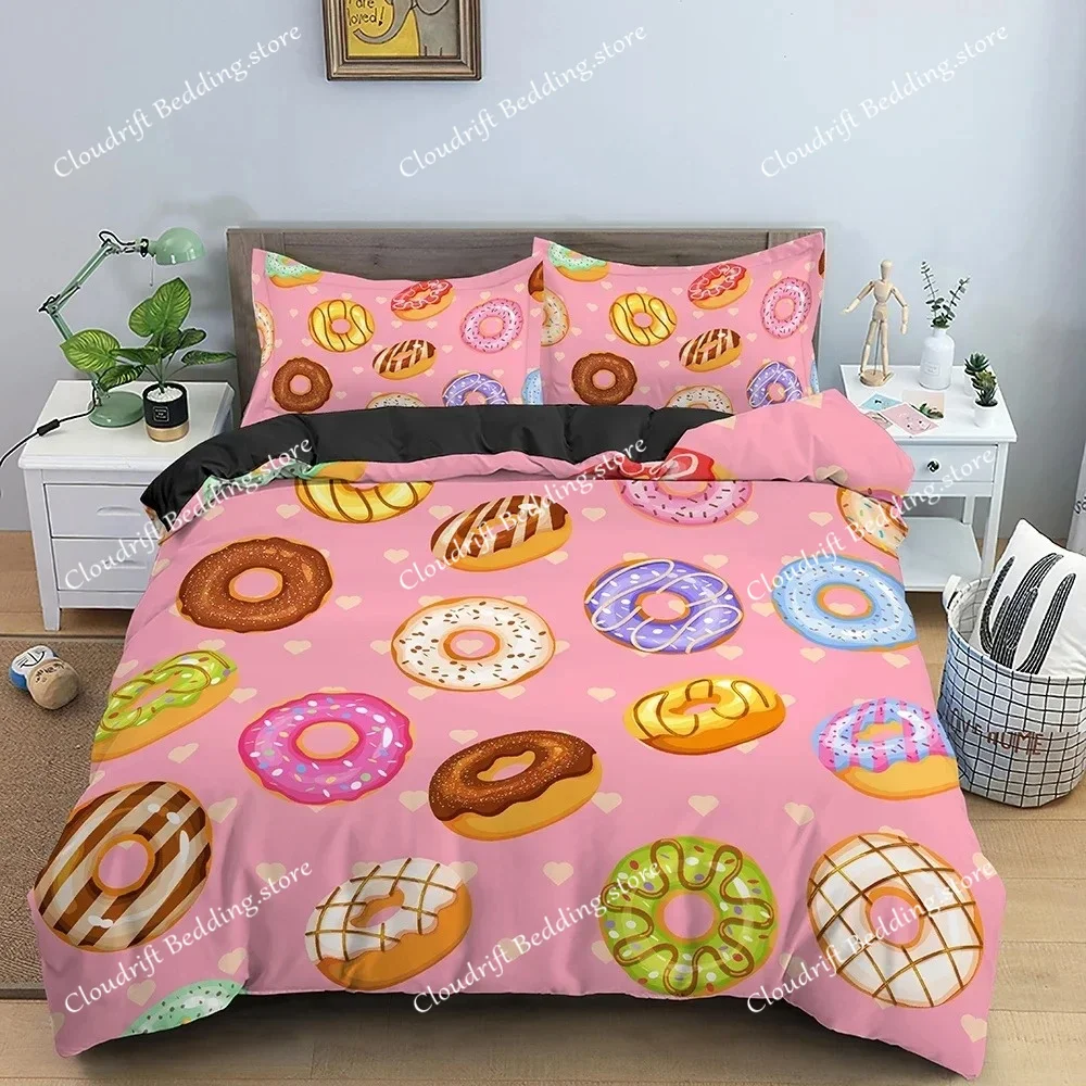 

Colorful Donut King Size Duvet Cover Cartoon Sweet Chocolate Dessert Bedding Set for Kids Girl Food Polyester Quilt Cover