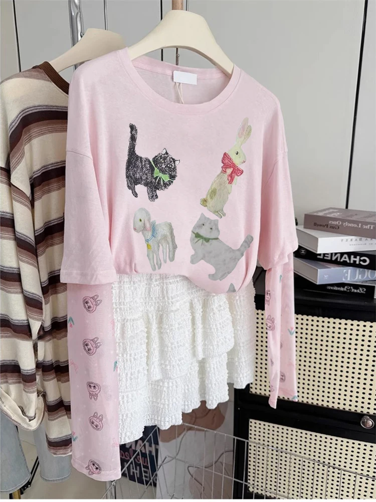 Coréen Sle Doux Amusant Imprimé Décontracté Or Sve T-shirt Lâche D'été Design Haut Tendance pour Hommes et Femmes