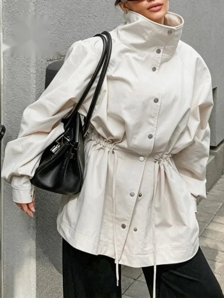 Autumn Turtleneck Streetwear Jackets Drawstring Long Sleeves Button Loose Outwear New American Fashion Chic Women Coat