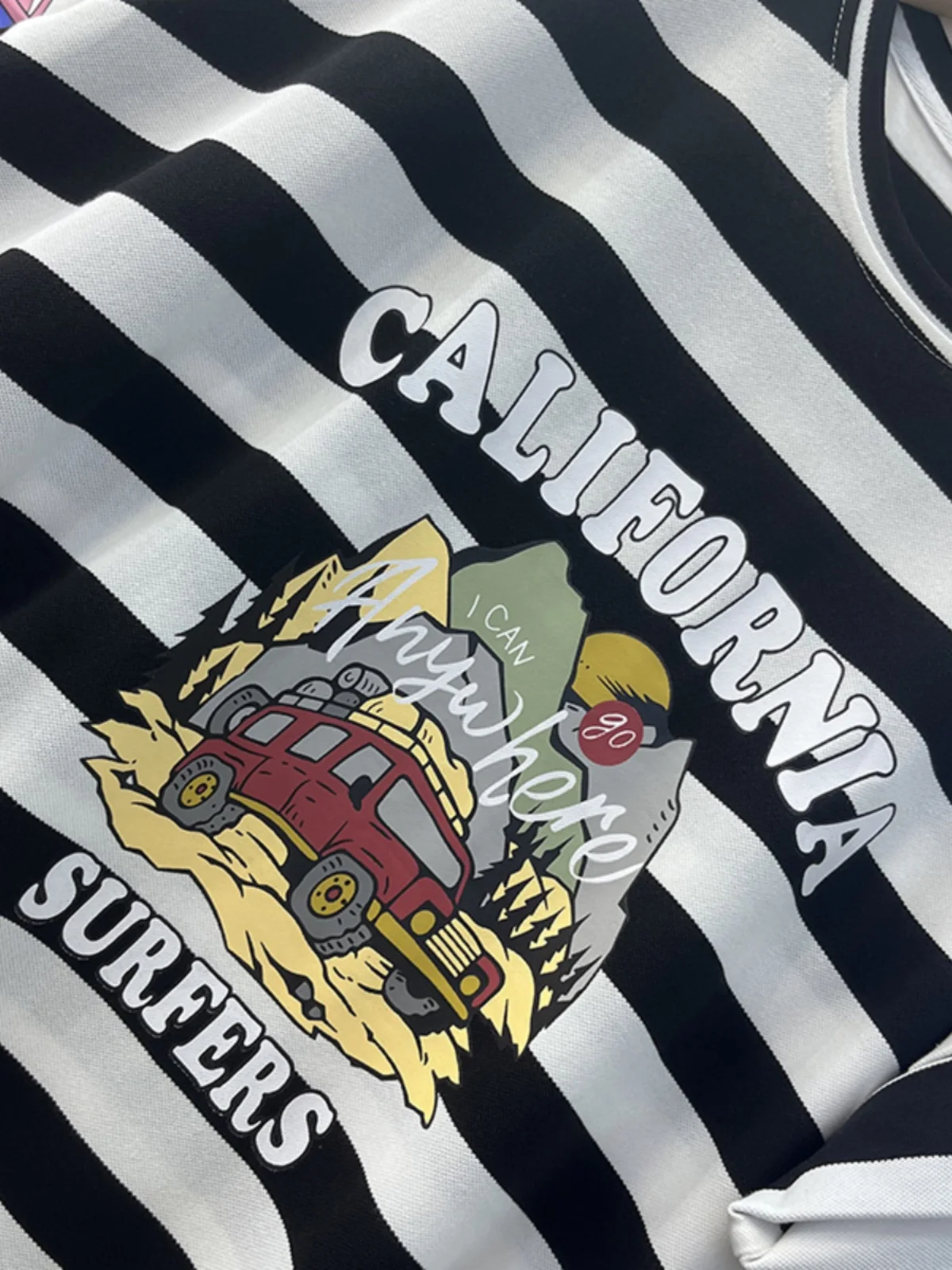 Été Faionable grande rayure imprimé femmes Dr décontracté paresseux t-shirt jupe longue a-ligne rétro rond Ne ort Sve Dr