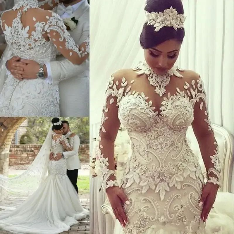 

Customized Arabic Long Sleeve Lace Mermaid Wedding Dresses Dubai Style High Neck Sheer Illusion 3D Floral Appliques Train Bridal