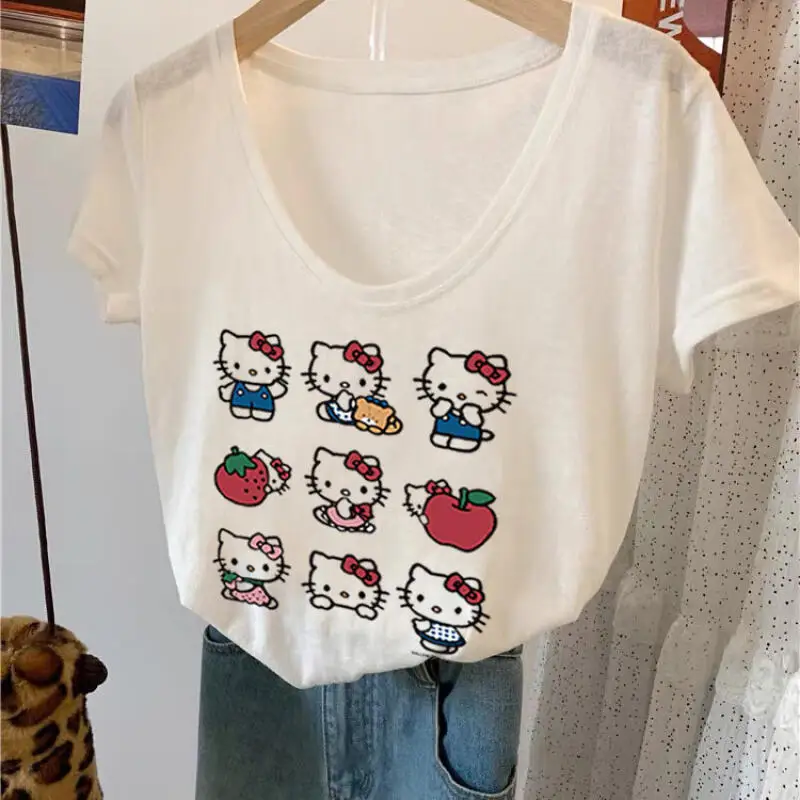 Short-Sleeved T-Shirt Hello Kitty 2026 Summer Women's Age-Reducing New Style Shoulder Casual Cartoon Thin Tops Trendy Cute Print