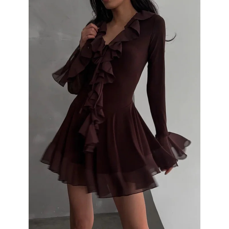 

2025 Spring New Women's Sophisticated Solid Color Deep V Ruffle Trim Flare Sleeve Chiffon Short Dress C001