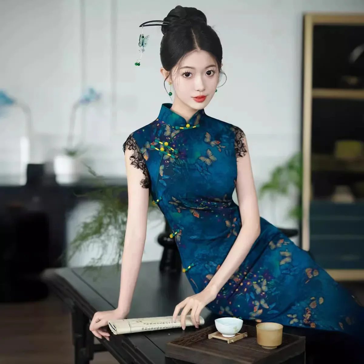 فستان شيونغسام مطبوع صيني كلاسيكي نسائي ، تشيباو بأكمام قصيرة طويلة ، طراز تقليدي ، حفلة ، ربيع ، صيف ، جديد #3