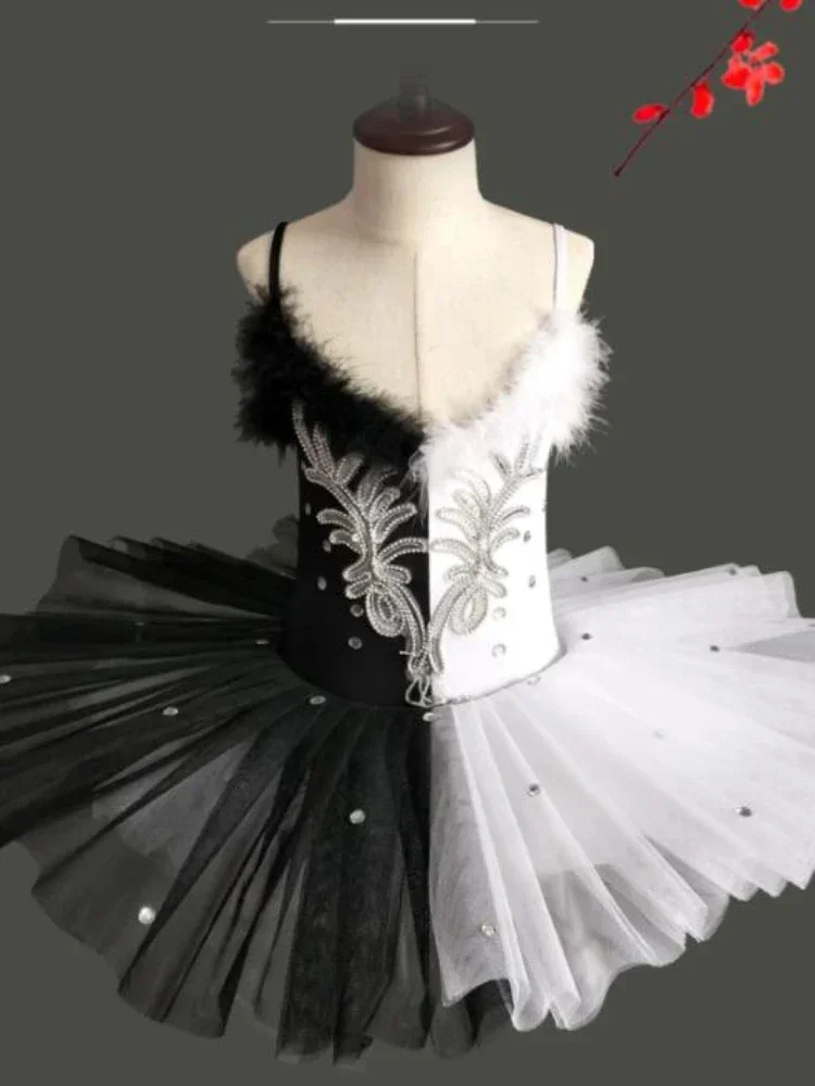 Vestido tutú de Ballet con costura en blanco y negro para niñas, traje profesional de bailarina de encaje delicado con lago de los cisnes