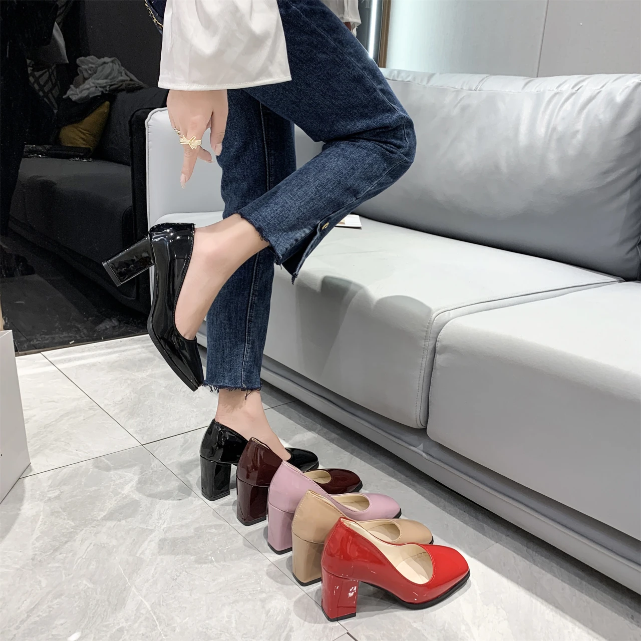 Neue Quadratische Tou Lacklederschuhe Damen Pumps mit Dicken Absätzen Sapato Feminino Arbeits- und Partyschuh Übergroße Plusgröße 50 Zapatos Mujer – Detail 16