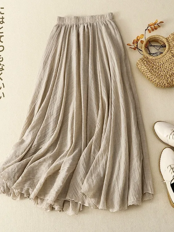 Loose High Waist Double Layered A-Line Midi Skirt for Women Casual Simple Style Cotton Linen Half-length Skirt