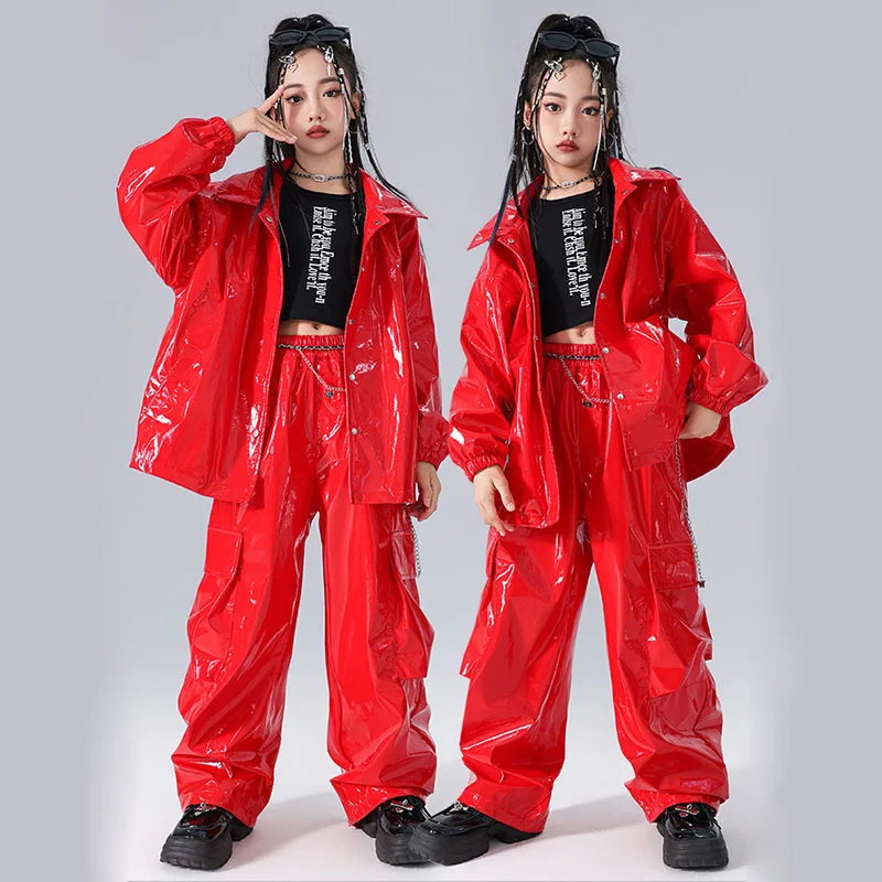 

Kid Cool Kpop Hip Hop Clothing Red Faux Leather Jacket Top Casual Ruched Cargo Pants for Girl Boy Jazz Dance Costume Clothes Set