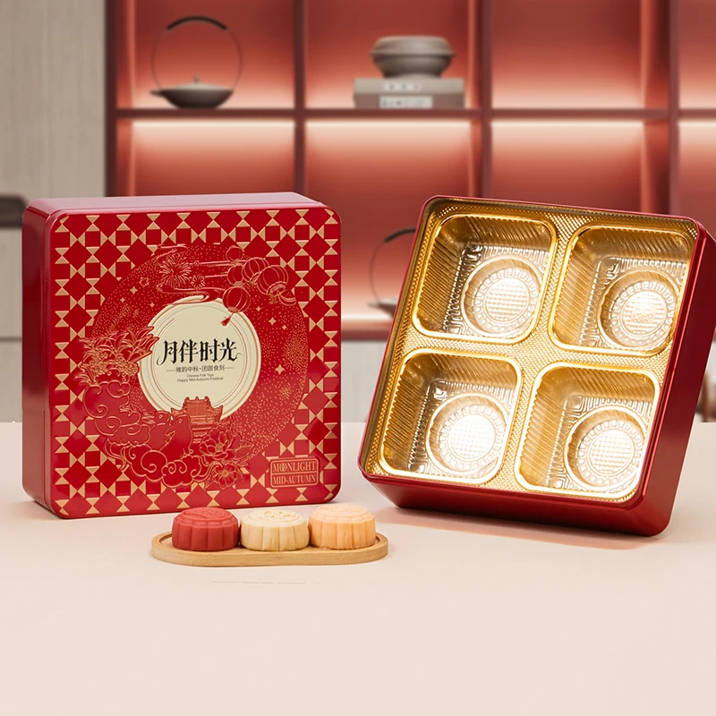 

High Quality Red Color Metal Tin Moon Cake Box Luxury Tin Containers With Lids Large Mooncake Packaging Box