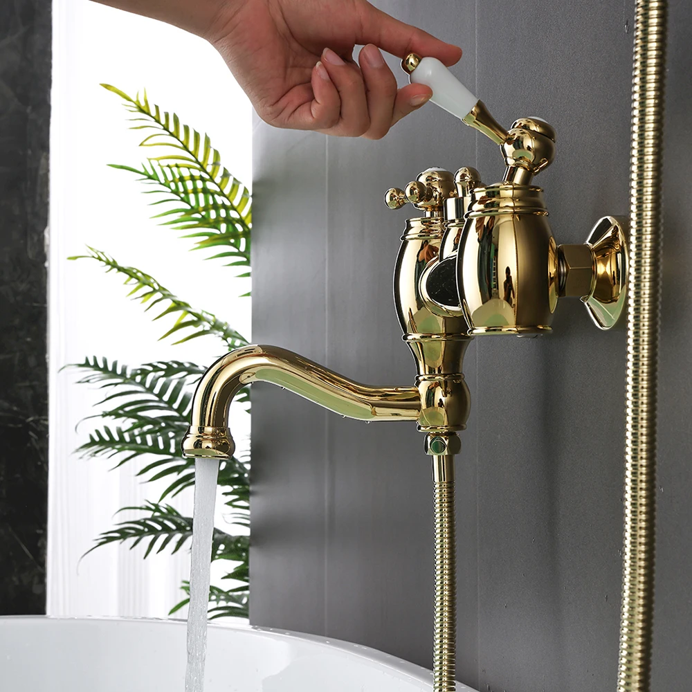 New Design Simply Wall Mounted Mixer Shower Bathtub Faucet With Handheld Shower Head Gold Waterfall Shower Set