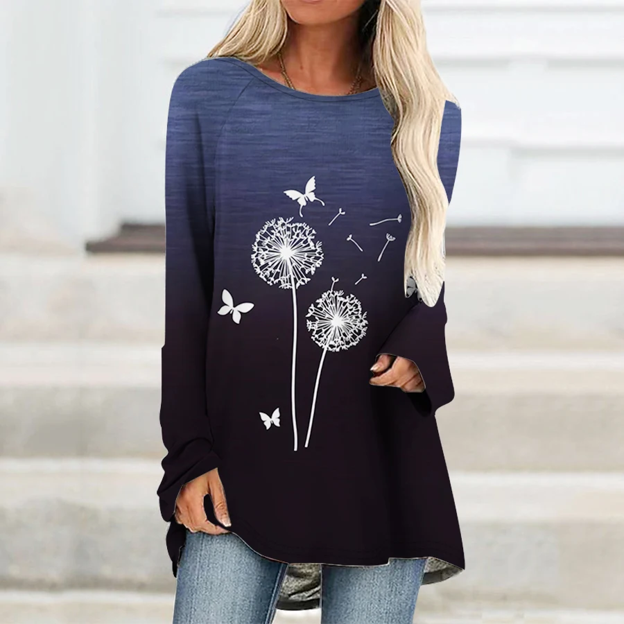 New Dandelion Butterfly 3D Print Long Sleeve T-Shirts Women\'s Fashion Oversized Floral T Shirt Streetwear Female Girls Tees Tops