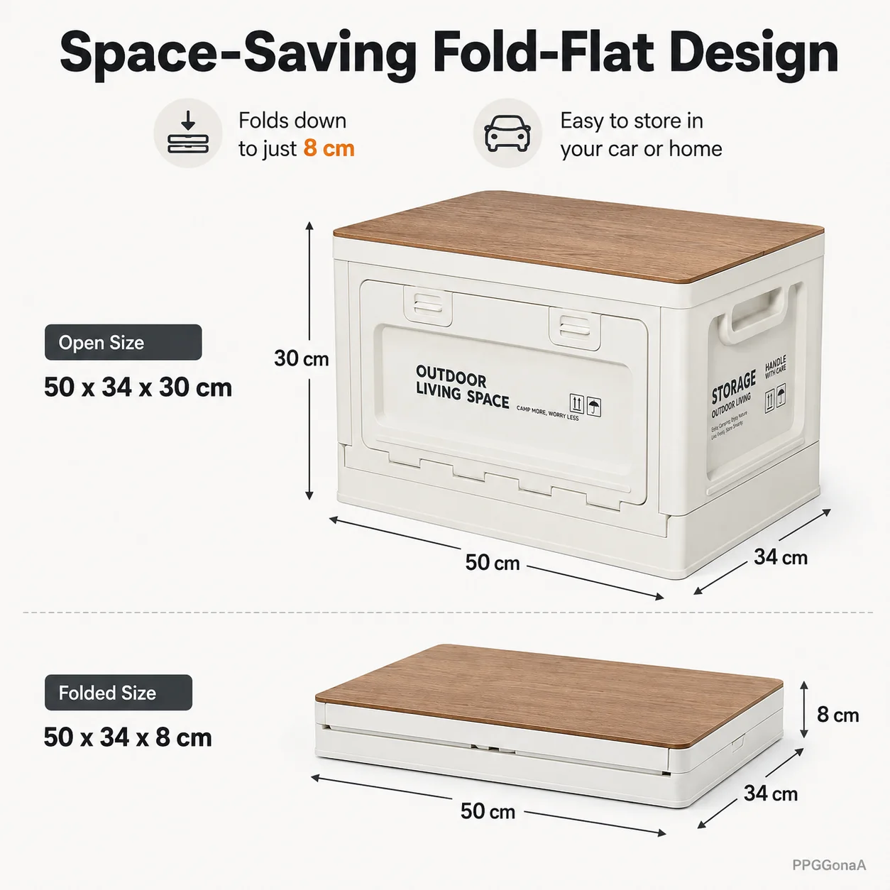 Foldable Camping Storage Box with Wood-Look Lid Front Opening Stackable Organizer for Car Trunk Home Picnic