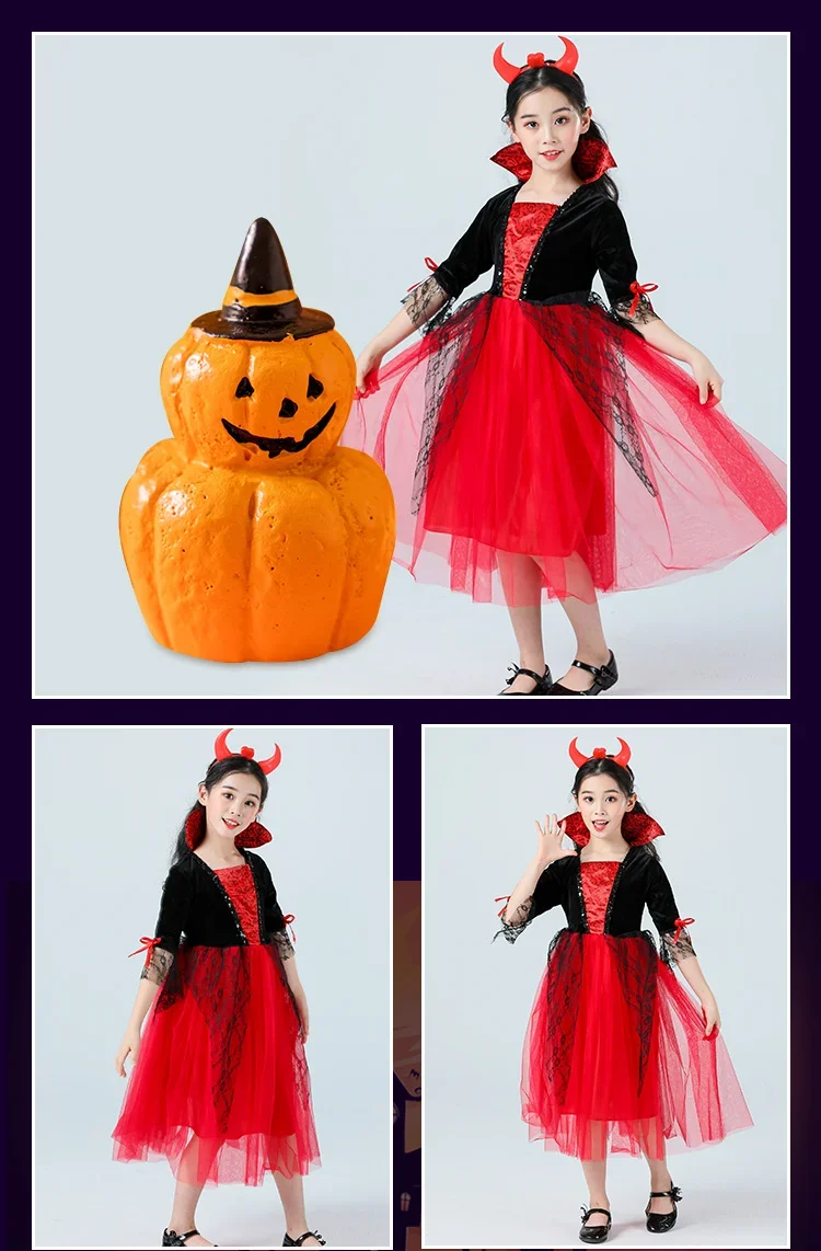 Mädchen Langarm-Teufel-Vampir-Kleid Kinder Spitzen-Tüll-Kleid mit Dreizack-Horn-Stirnband Halloween Cosplay Party Set – Detail 8