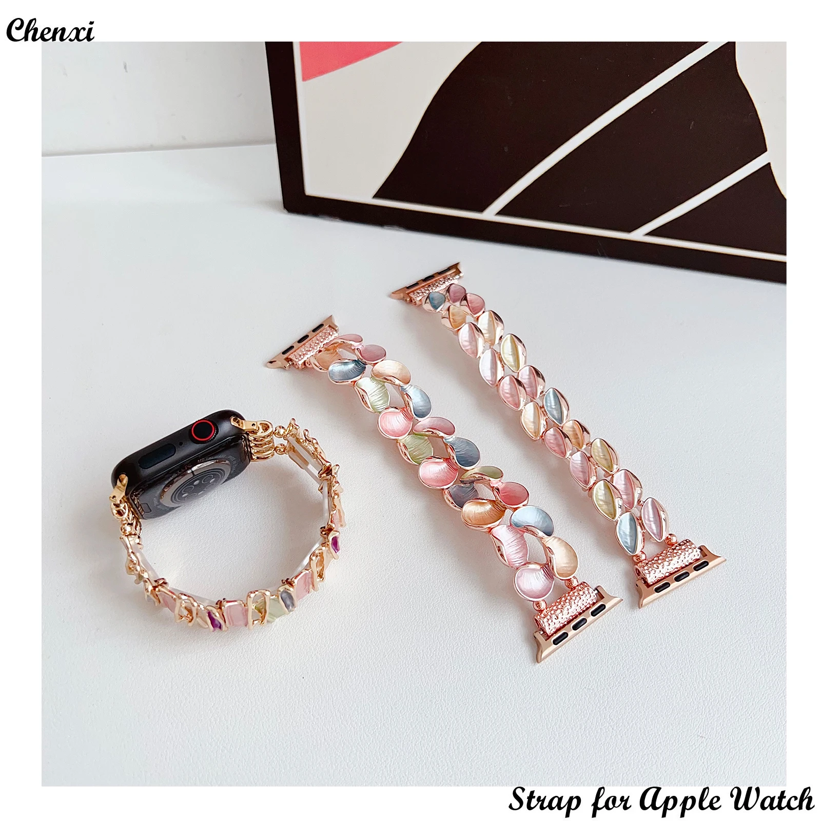 Metal Strap for Apple Watch Band With Irregular Geometry Bracelet 987645 3Elastic Belt for Iwtch38 40 41mm 42 44 45 49mm Wrist