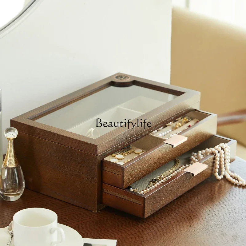 

Solid Wood Bangles Bracelets Makeup Storage Box Earrings Necklace Jewelry Organizer Retro