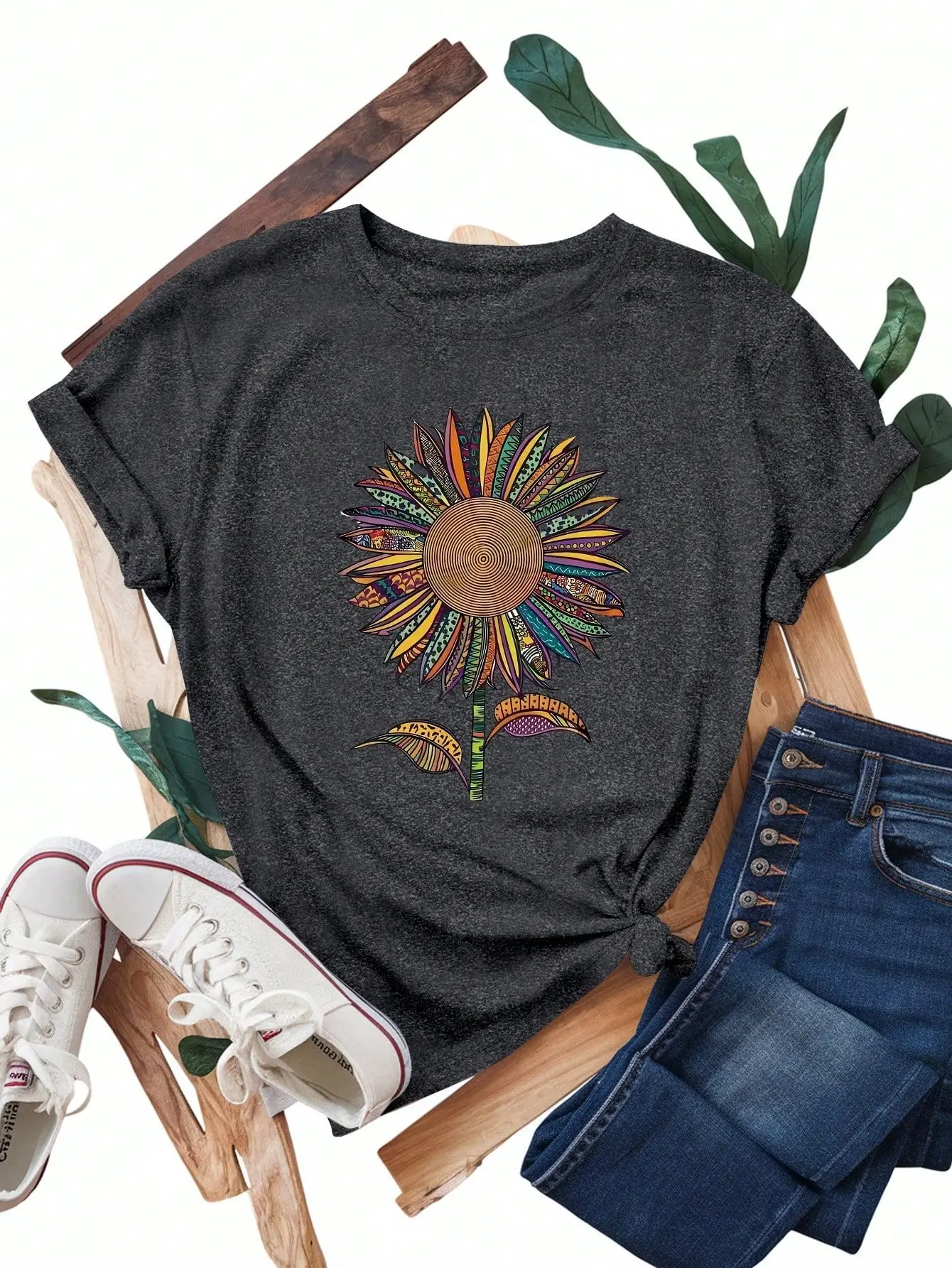 

Plus - Size Women's Dark Grey Short - Sleeve T - shirt, Colorful Sunflower Print, Artistic & Comfortable