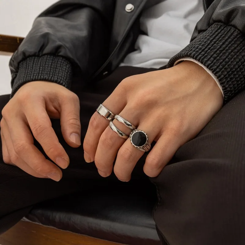 4Pcs Retro Simple Stainless Steel Opening Adjustable Wide Ring Men\'s Gothic Pattern Metal Ring Casual Jewelry