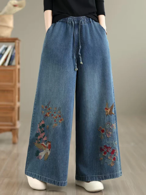 

Retro Ethnic Style Embroidered Heavy Work Denim Jeans Women's Spring Summer New Loose Belted Straight Leg Wide Leg Pants