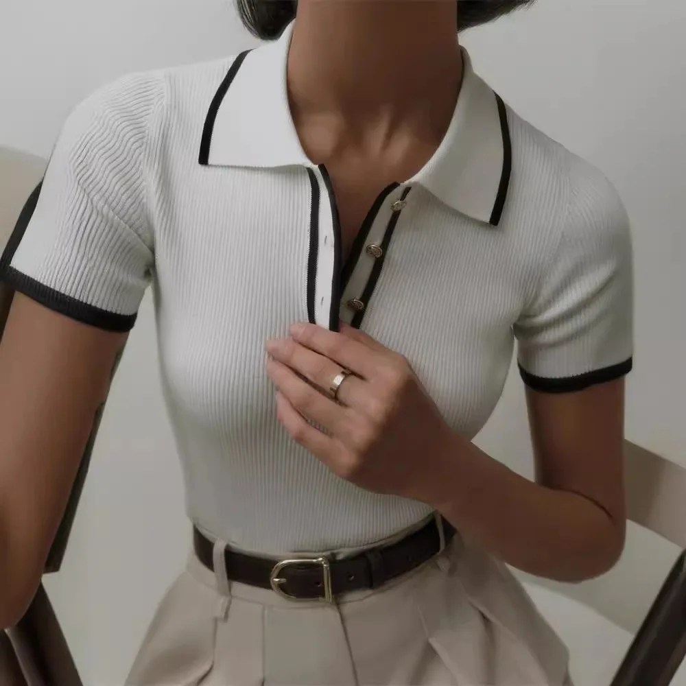 Women Lapel Top T-Shirt Women's Sweater Elegant Short Sleeve Patchwork Knitted Pullover Female Slim Fit Skinny Ribbed Pullover