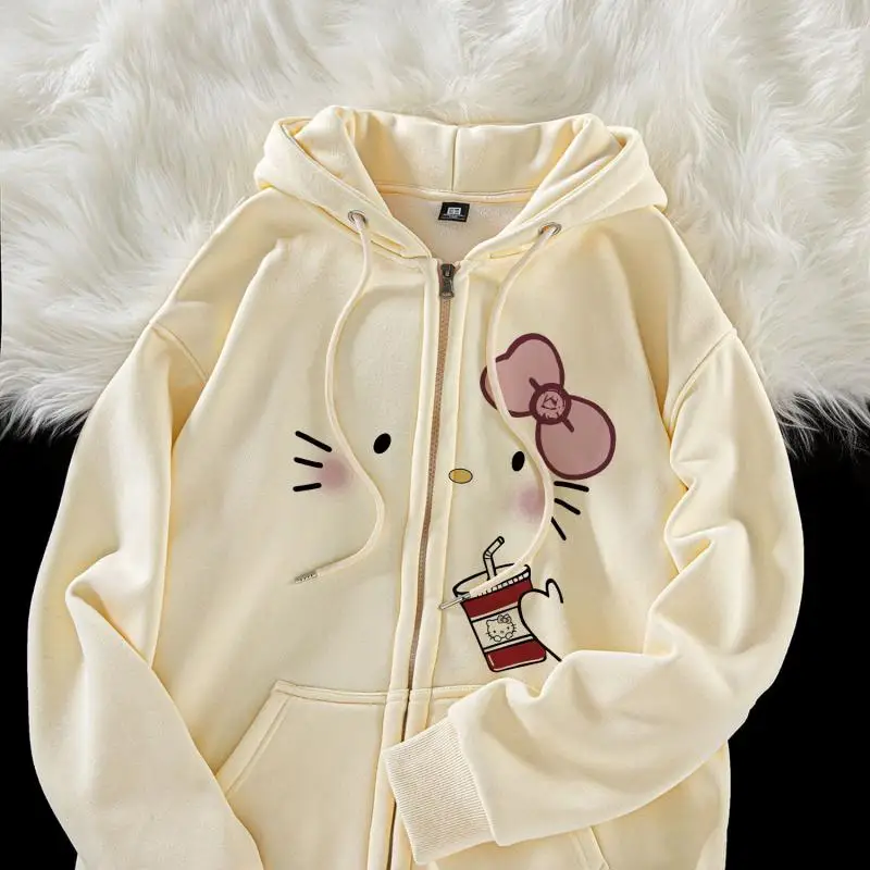 

Sanrio Cute Cartoon Anime New Printed Zipper Hooded Sweatshirt Cardigan Top Hello Kitty Comfortable Jacket Girl Gift