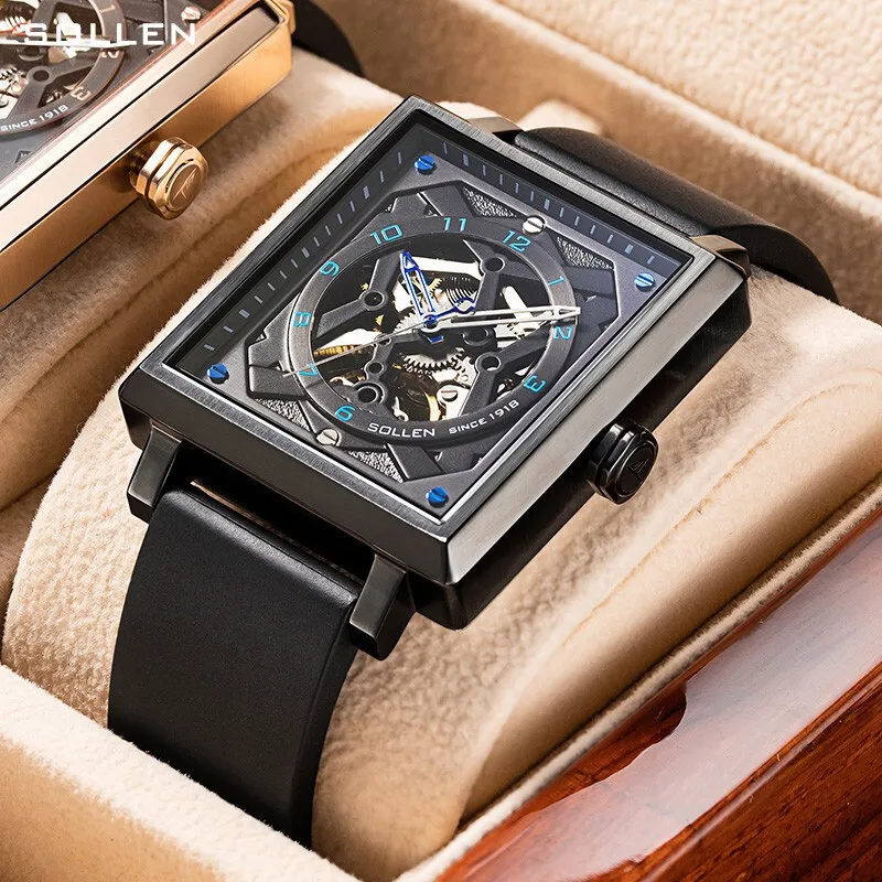 SOLLEN Orologio meccanico quadrato alla moda di marca per uomo cinturino in caucciù impermeabile orologi scheletrati automatici con zaffiro di fascia alta da uomo
