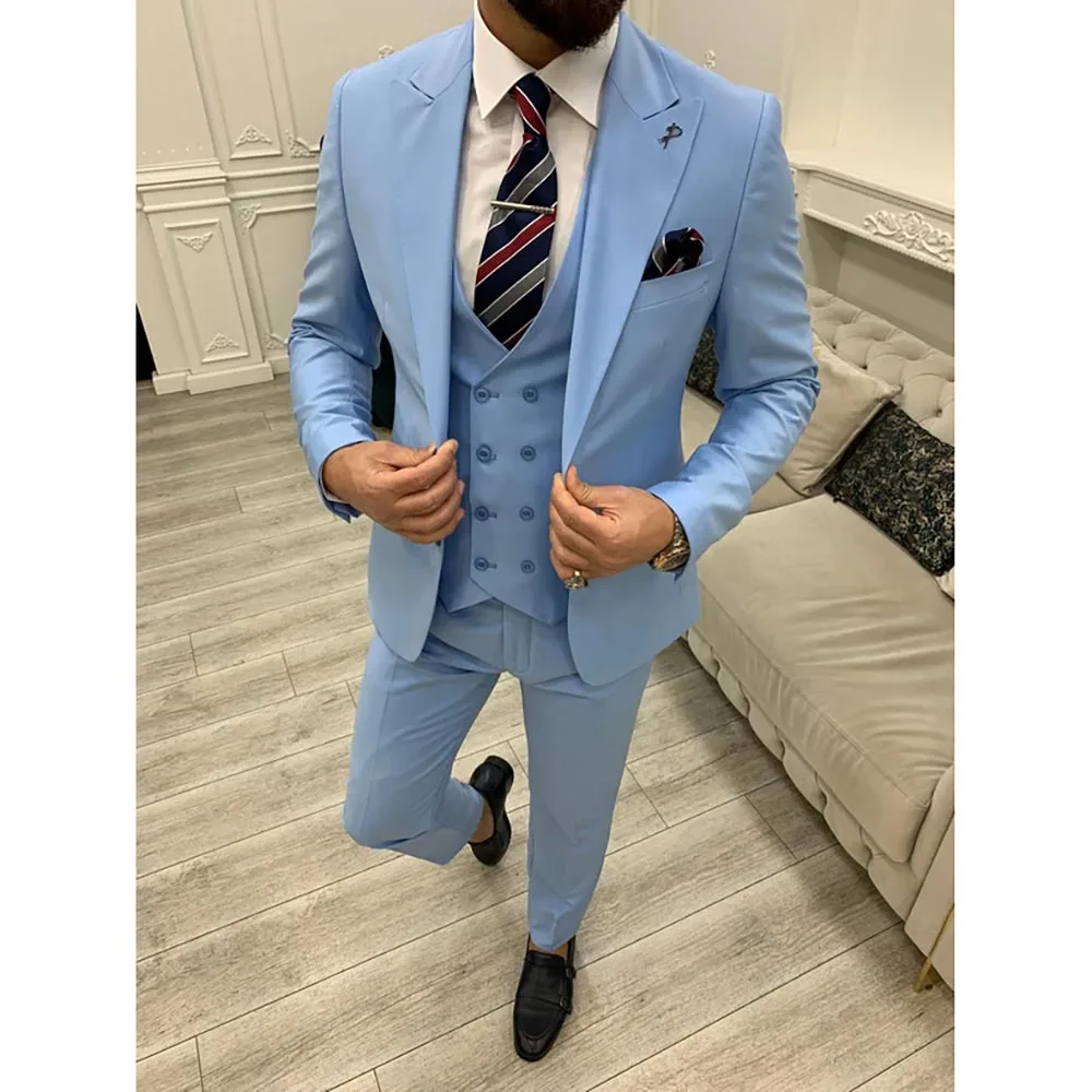 Slim Fit Men Suits Solid Color Single Breasted Peak Lapel Regular Length Luxury 3 Piece Jacket Pants Vest Outfit Office Full Set